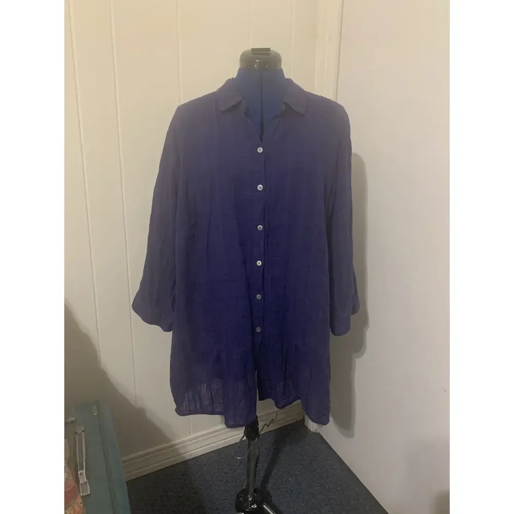 J Jill Navy Semi Sheer Tunic Button Up 3X 100% Cotton Beachy Lightweight - Picture 1 of 11